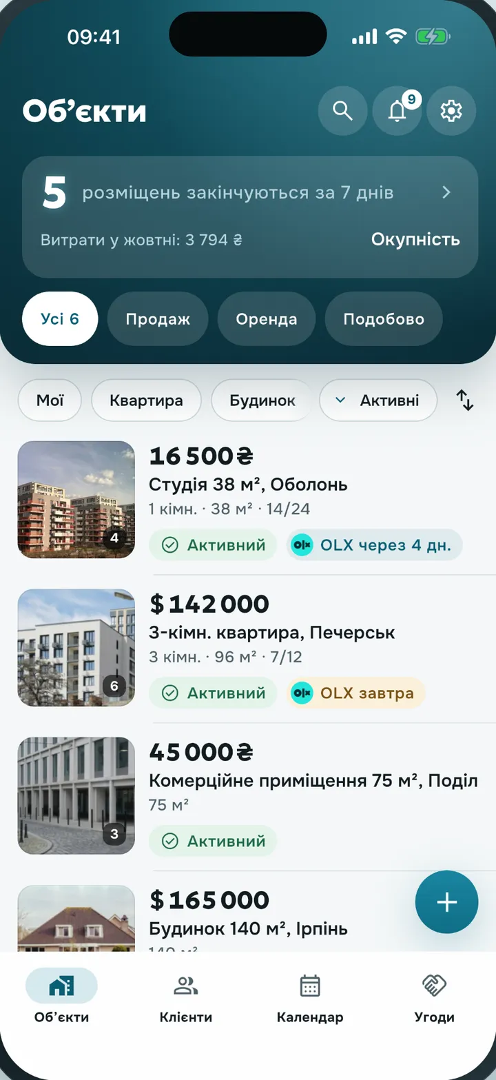 Екран «Обʼєкти» в Rieltly: скільки розміщень закінчується за 7 днів, витрати за місяць і список обʼєктів зі строками на порталах