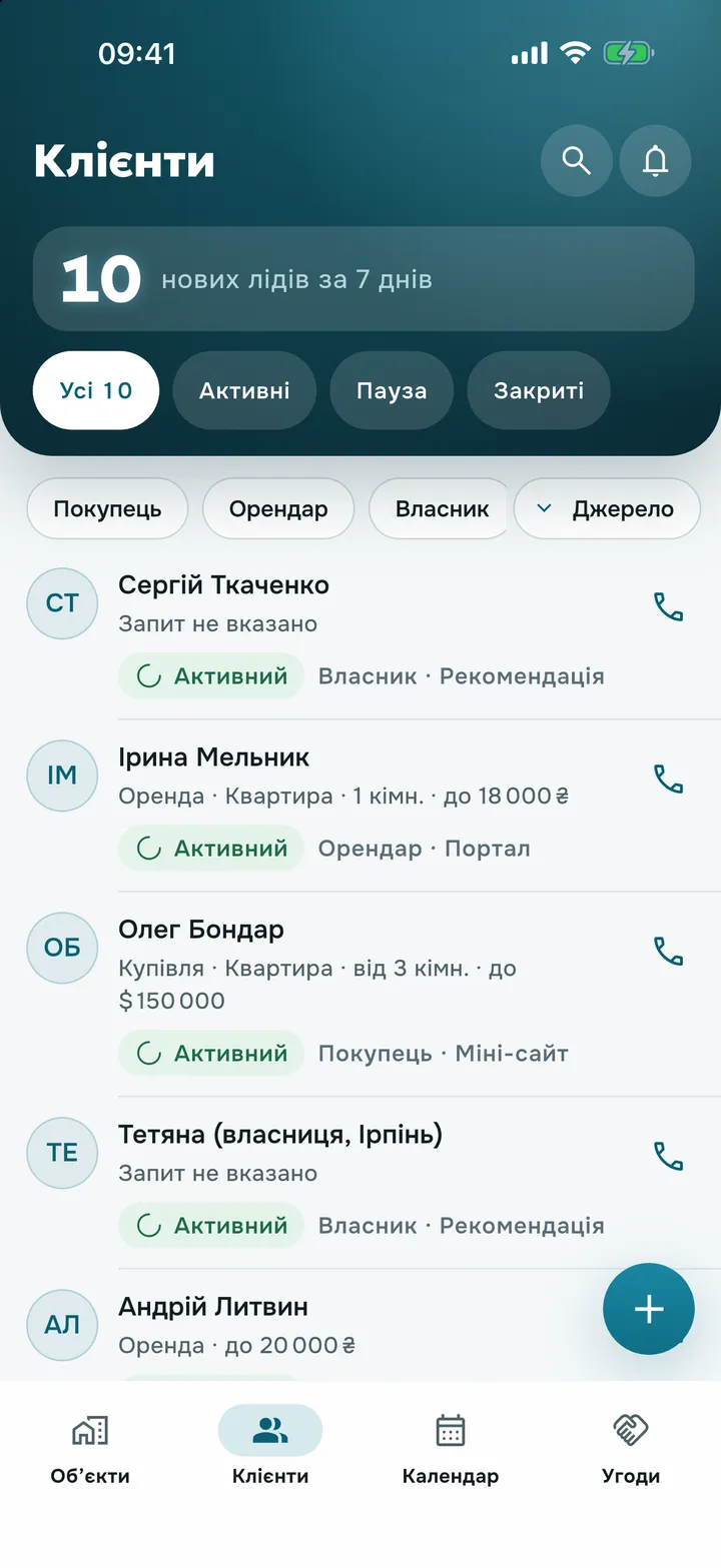 Екран «Клієнти» в Rieltly: нові ліди за тиждень і список клієнтів зі статусами й джерелами