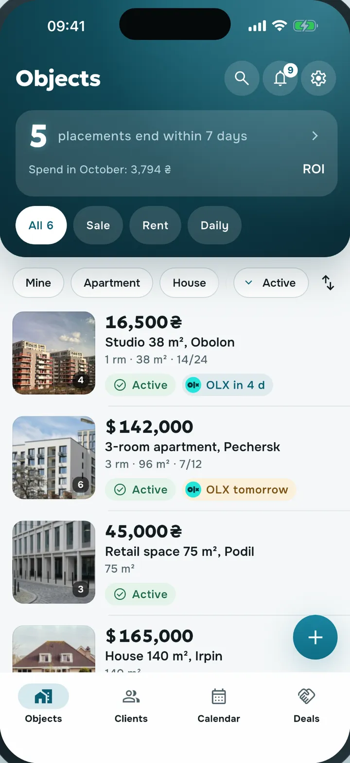 The Properties screen in Rieltly: placements expiring within 7 days, monthly spend and a list of properties with portal deadlines