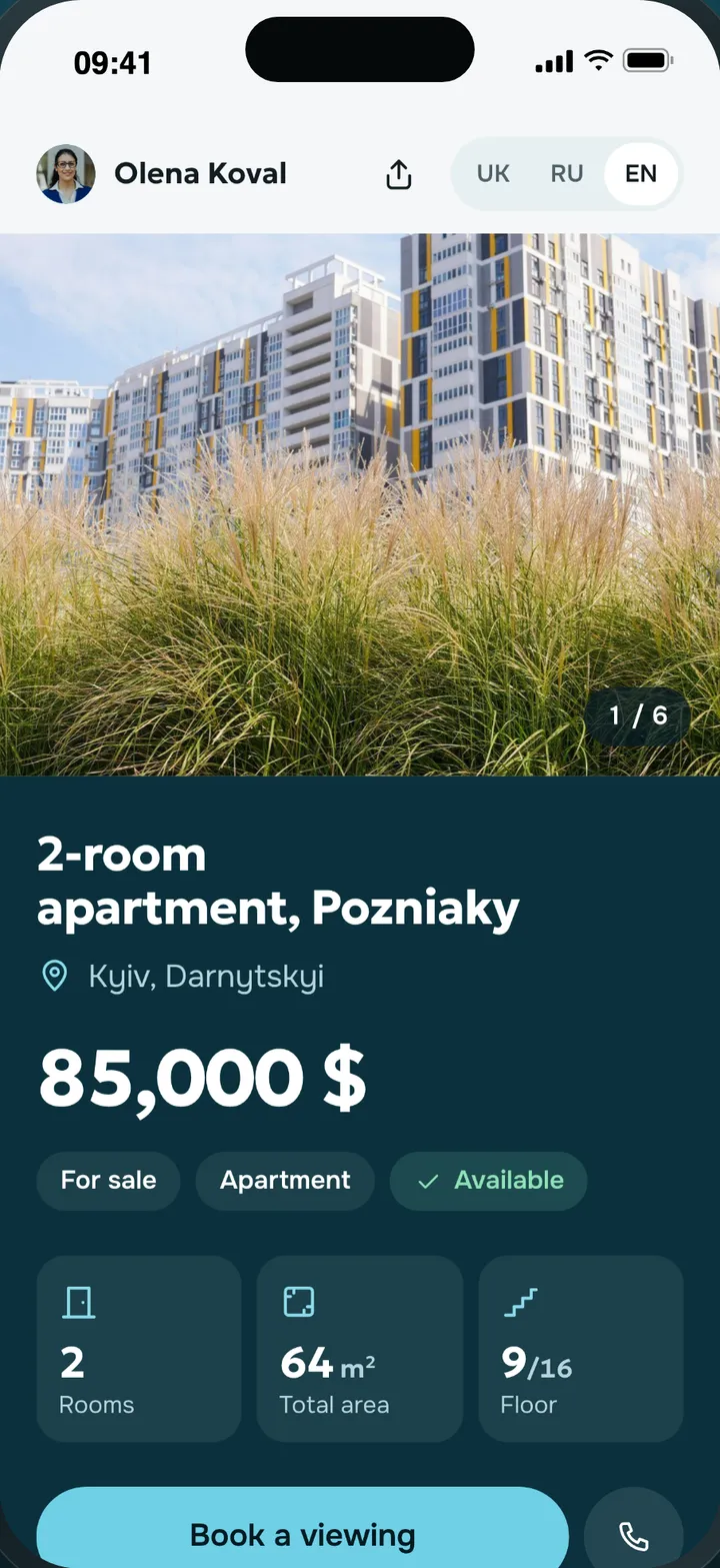 The property page rieltly.com/o/… on a phone: photo, price, details, the agent’s name and a Book a viewing button