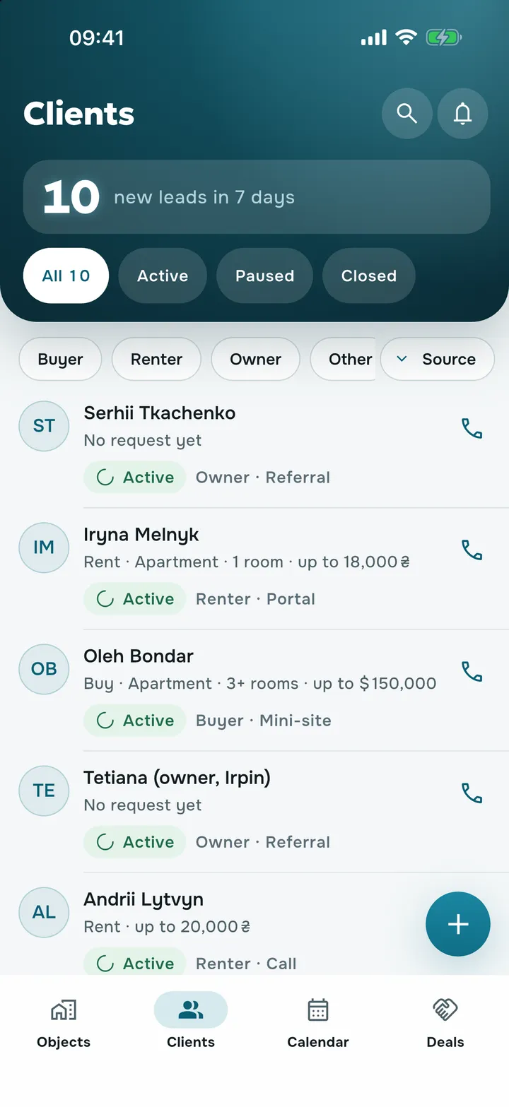The Clients screen in Rieltly: new leads this week and a client list with statuses and sources
