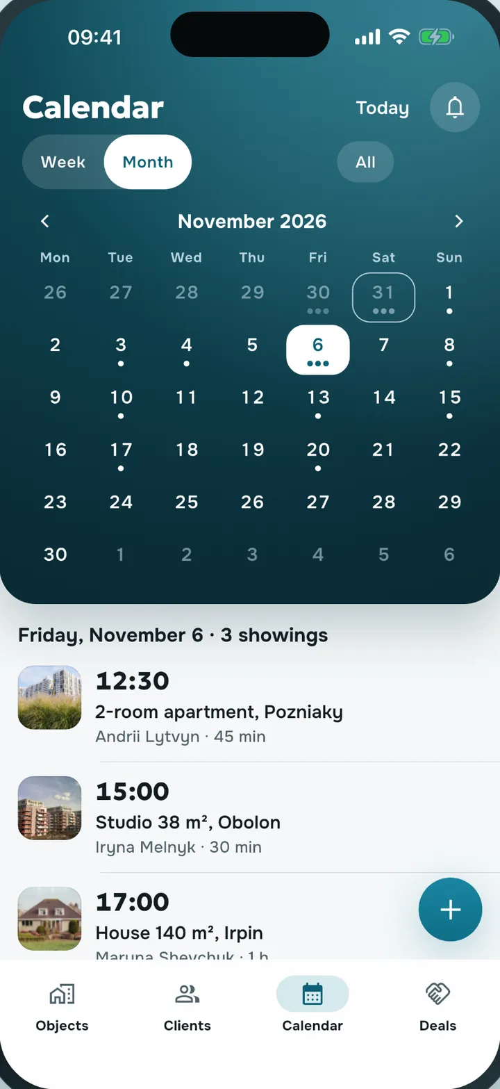 The Calendar screen in Rieltly: a month of showings and the selected day’s showings with property and client
